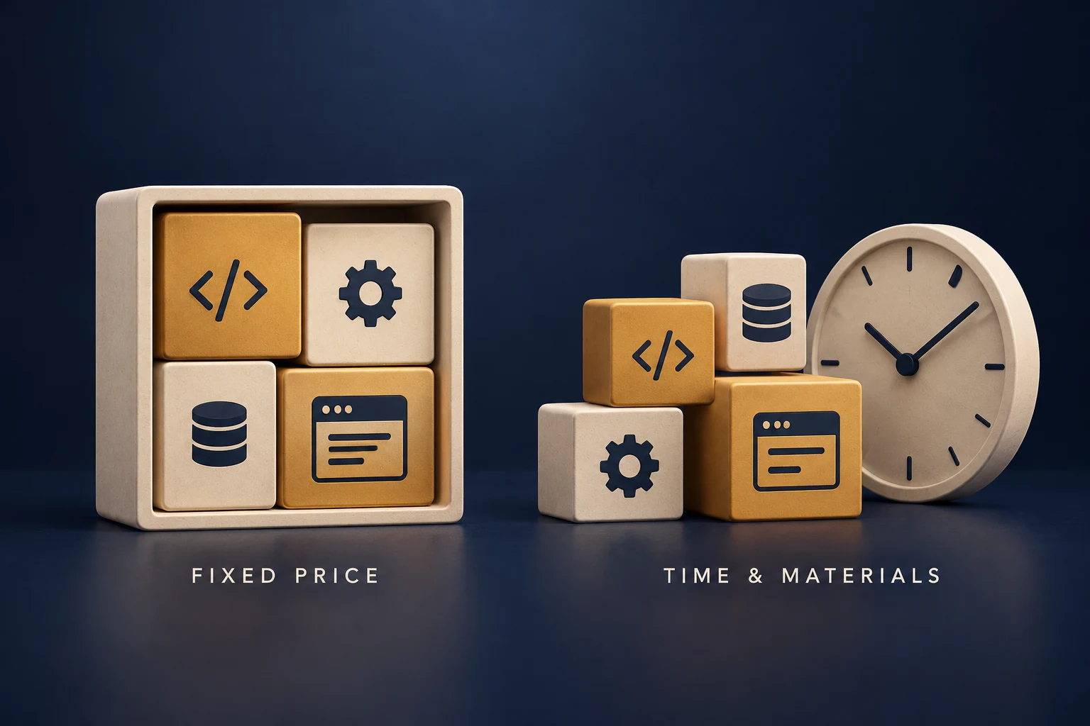 Software modules inside a fixed frame beside rearrangeable modules and a clock, illustrating fixed-price and time-and-materials development.