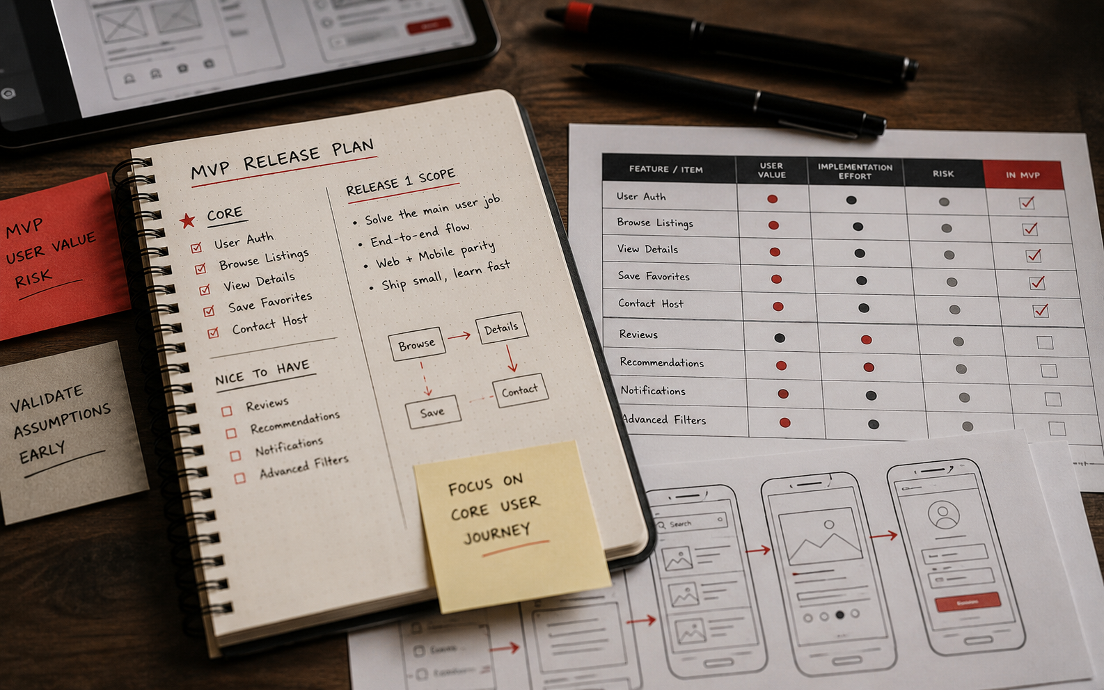 MVP release planning notes and feature prioritization matrix