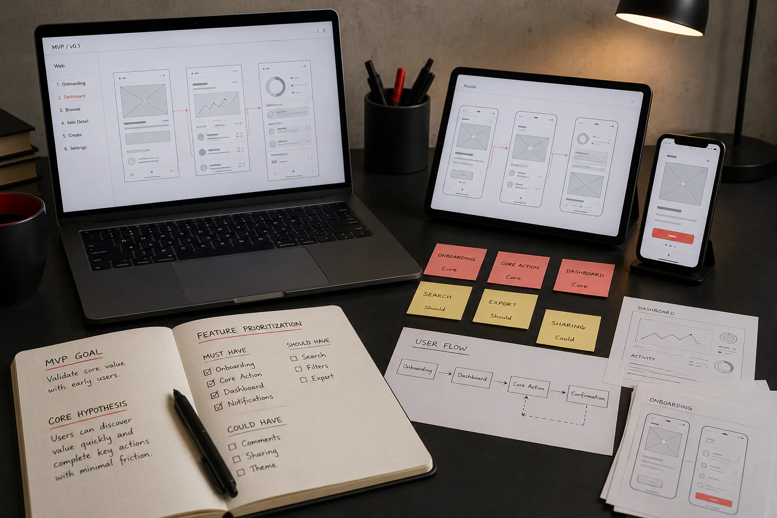 Web and mobile MVP planning workspace with product wireframes