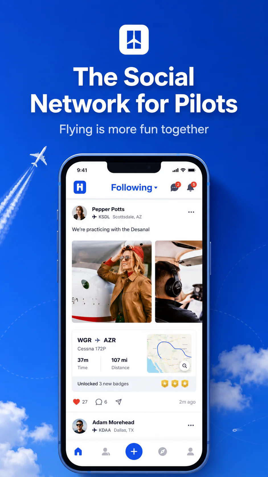 Following app social feed showing pilot flight sharing and community activity
