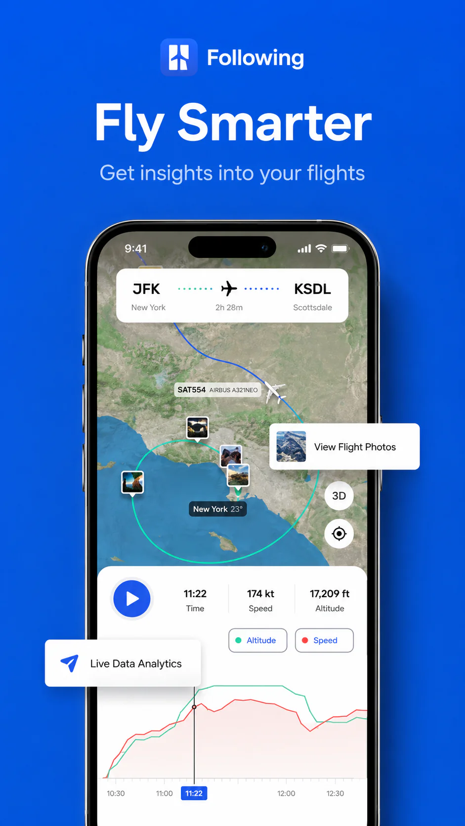 Following app Fly Smarter screen with flight insights and live data analytics
