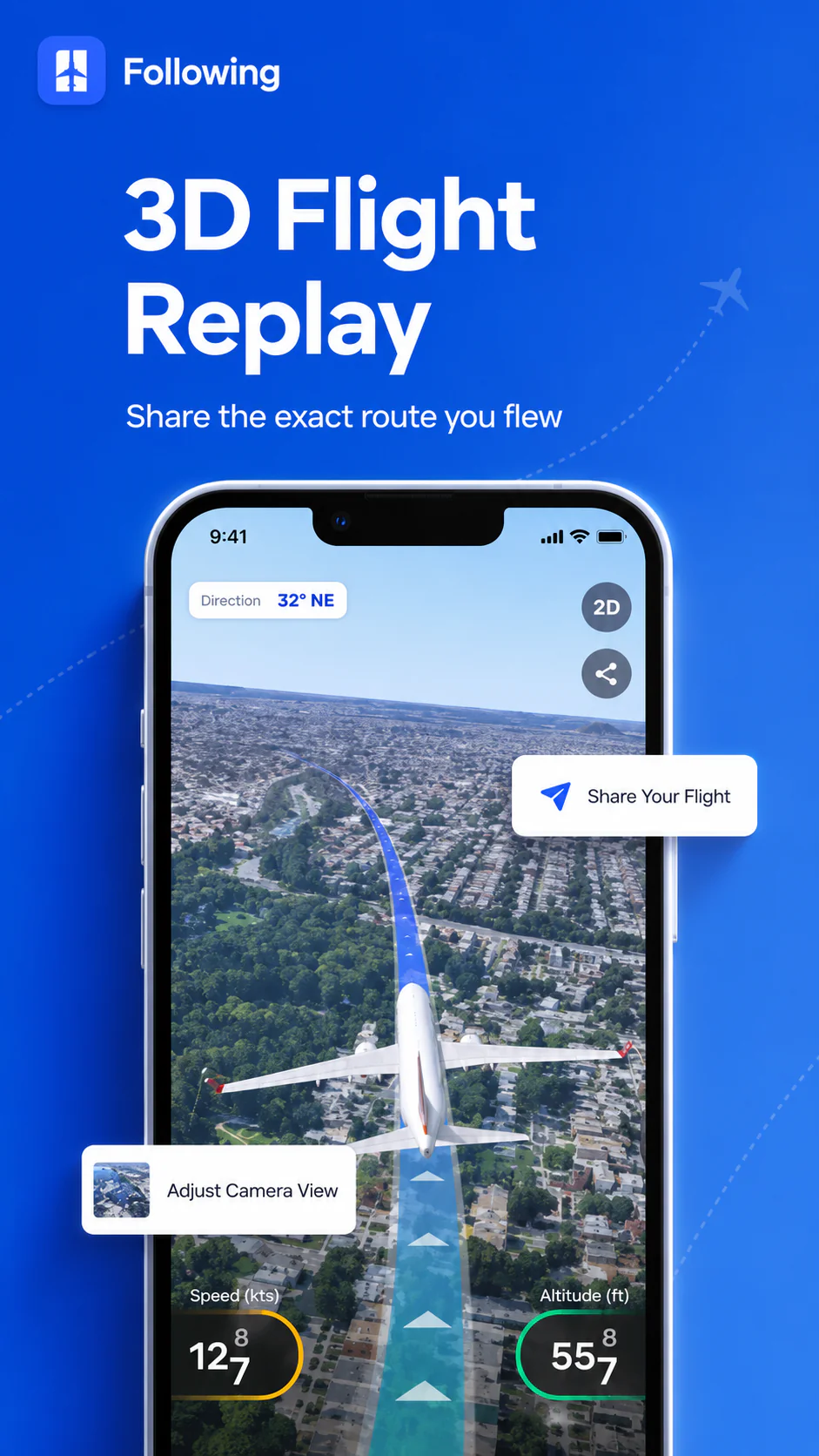 Following app 3D flight replay screen showing route visualization and flight sharing