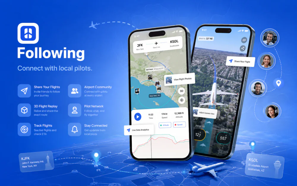 Following pilot social network app hero showing flight tracking, 3D flight replay, airport community, and pilot networking features
