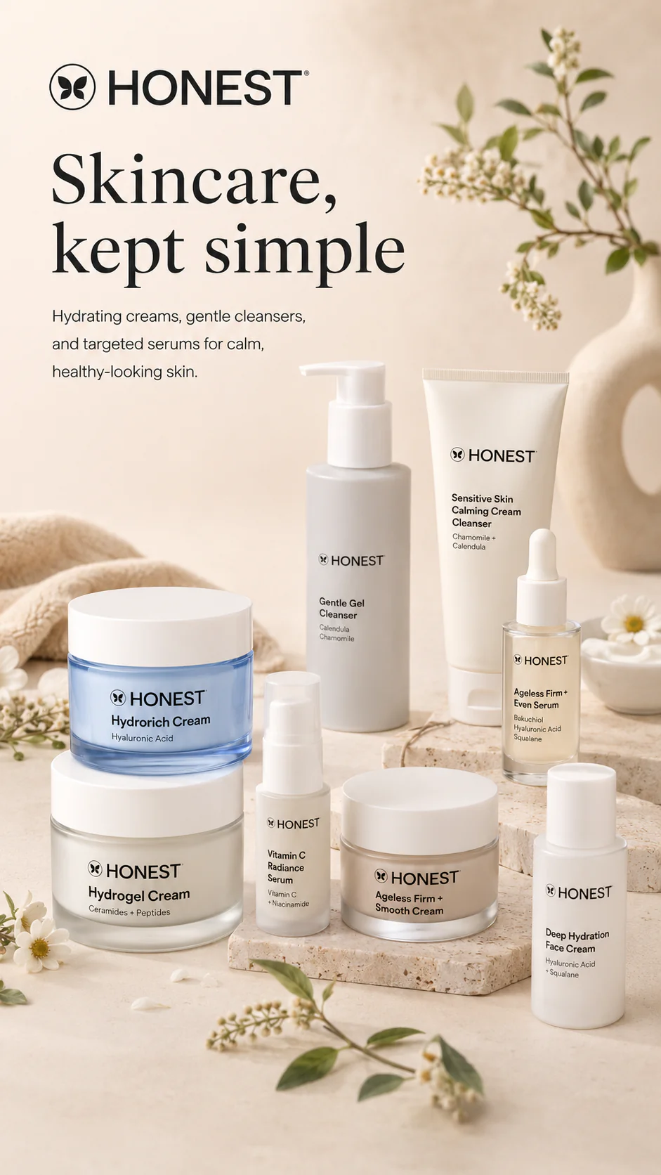 Honest skincare collection showing hydrating creams, cleansers, serums, moisturizers, and a clean product grid.