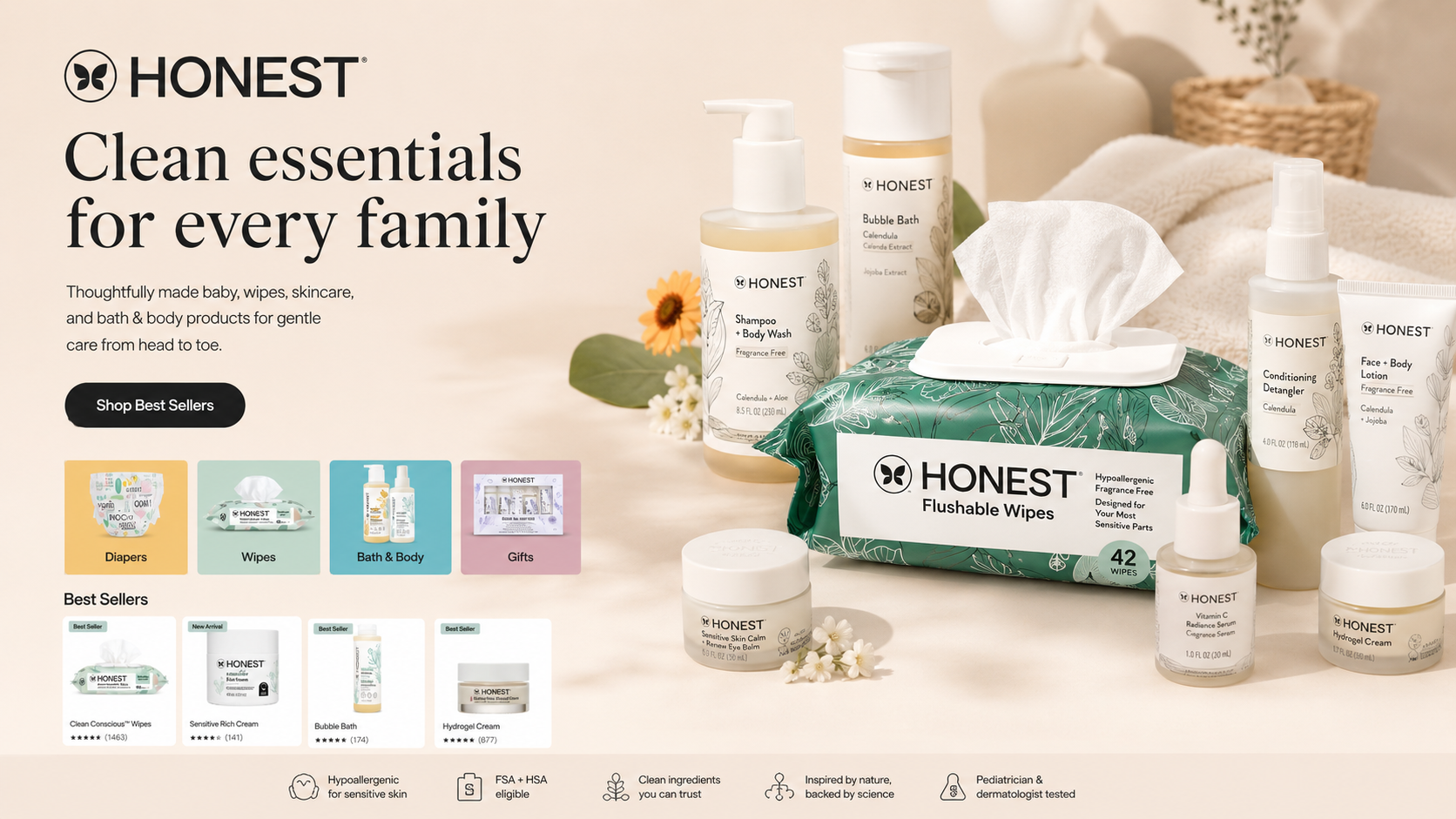 Honest ecommerce website hero showing clean consumer goods shopping categories, product discovery, and brand-focused storefront presentation