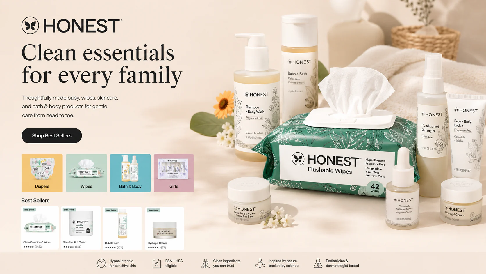 Honest ecommerce website hero showing clean consumer goods shopping categories, product discovery, and brand-focused storefront presentation