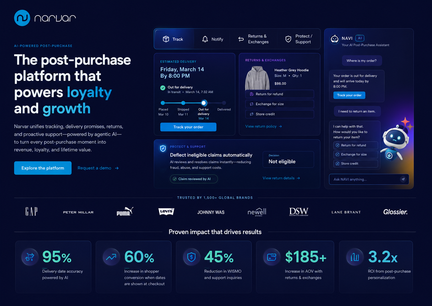 Narvar post-purchase platform hero visual highlighting delivery promises, tracking, returns, exchanges, claims automation, and agentic AI support for retail brands.