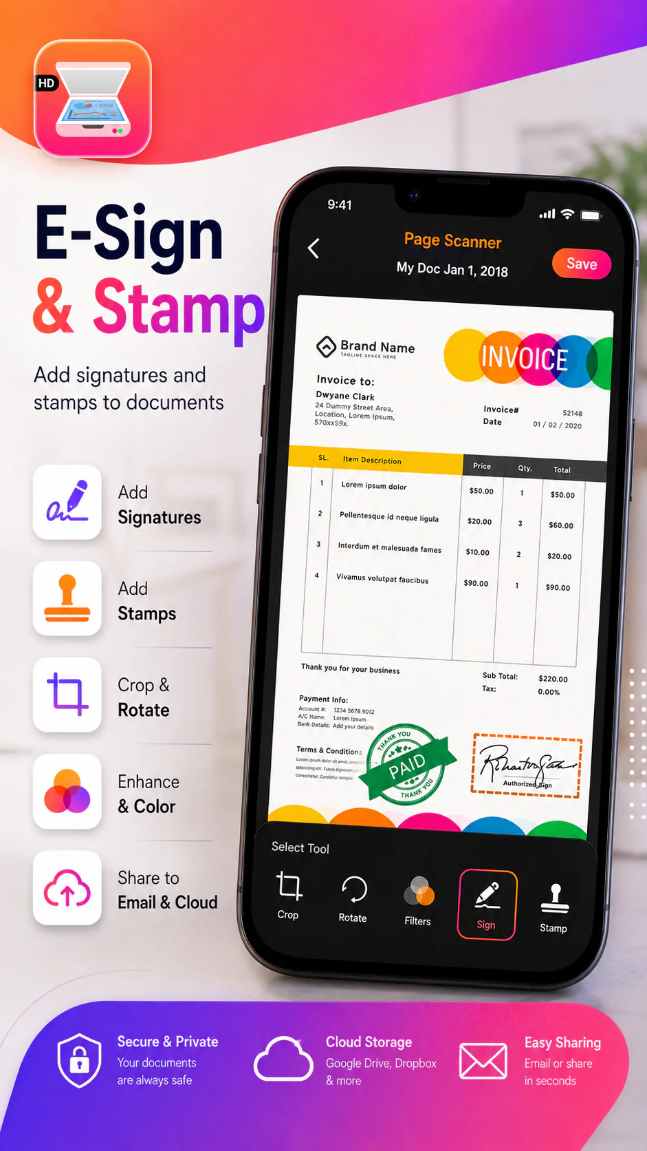 Phone Scanner app promotional screen highlighting document scanning and PDF creation from iPhone