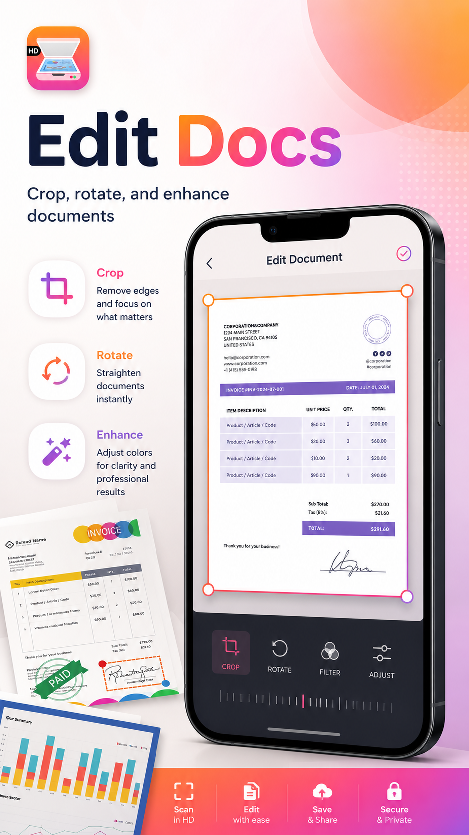 Phone Scanner app feature screen with crop, rotate, color adjustment, and page management controls