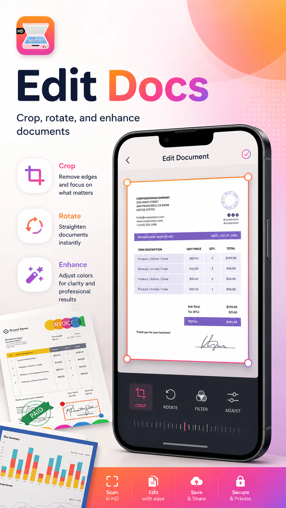 Phone Scanner app feature screen with crop, rotate, color adjustment, and page management controls