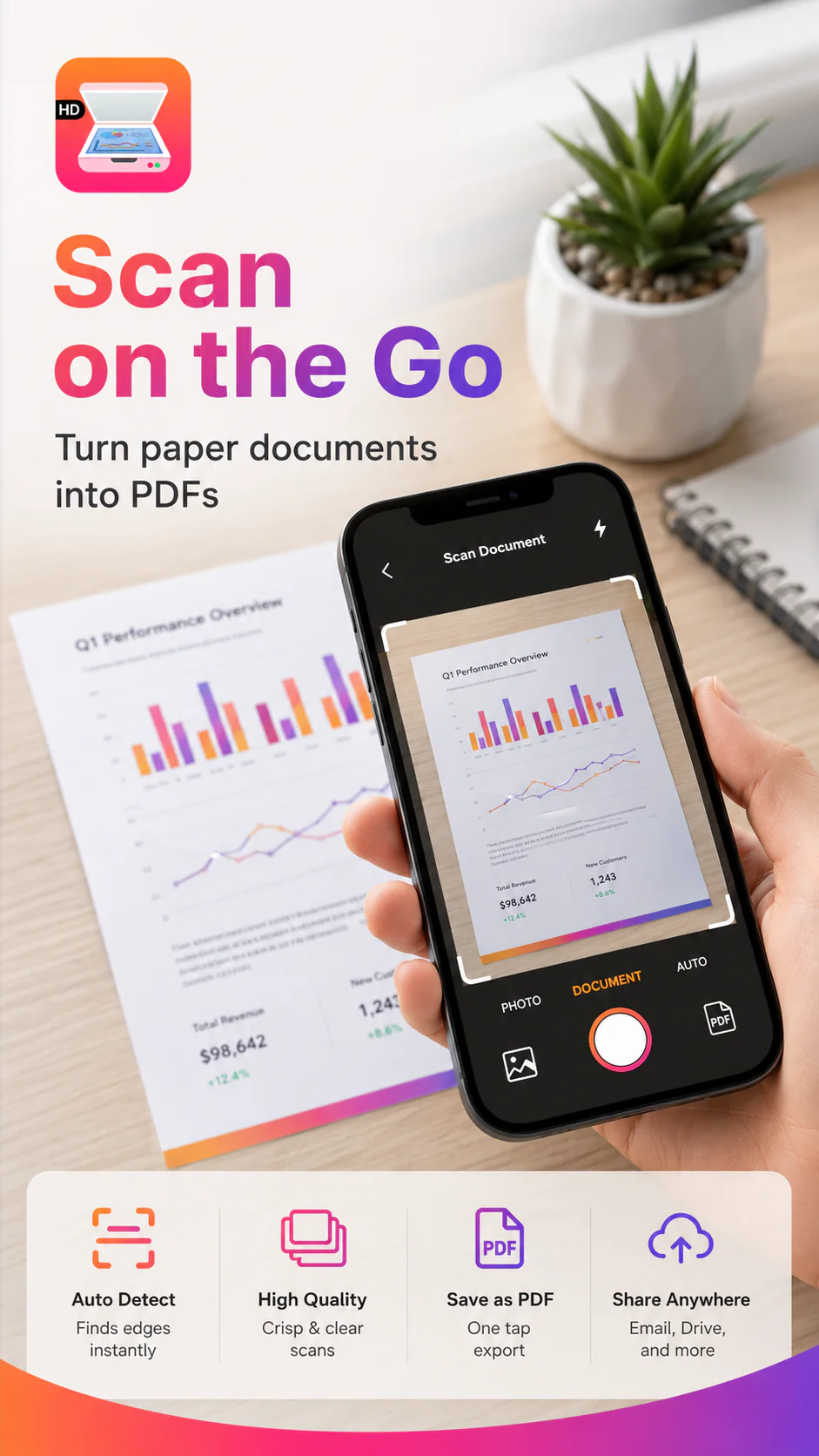 Phone Scanner app screen showing e-signature, stamp, export, and sharing options for scanned PDFs