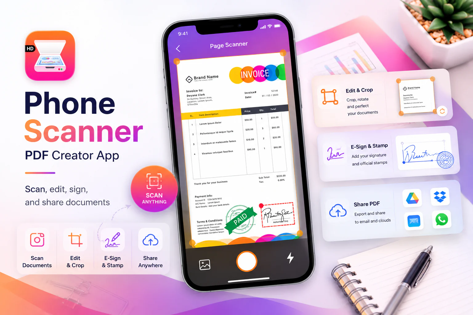 Phone Scanner PDF Creator App hero showing document scanning, PDF export, signature, and mobile editing workflows on iPhone