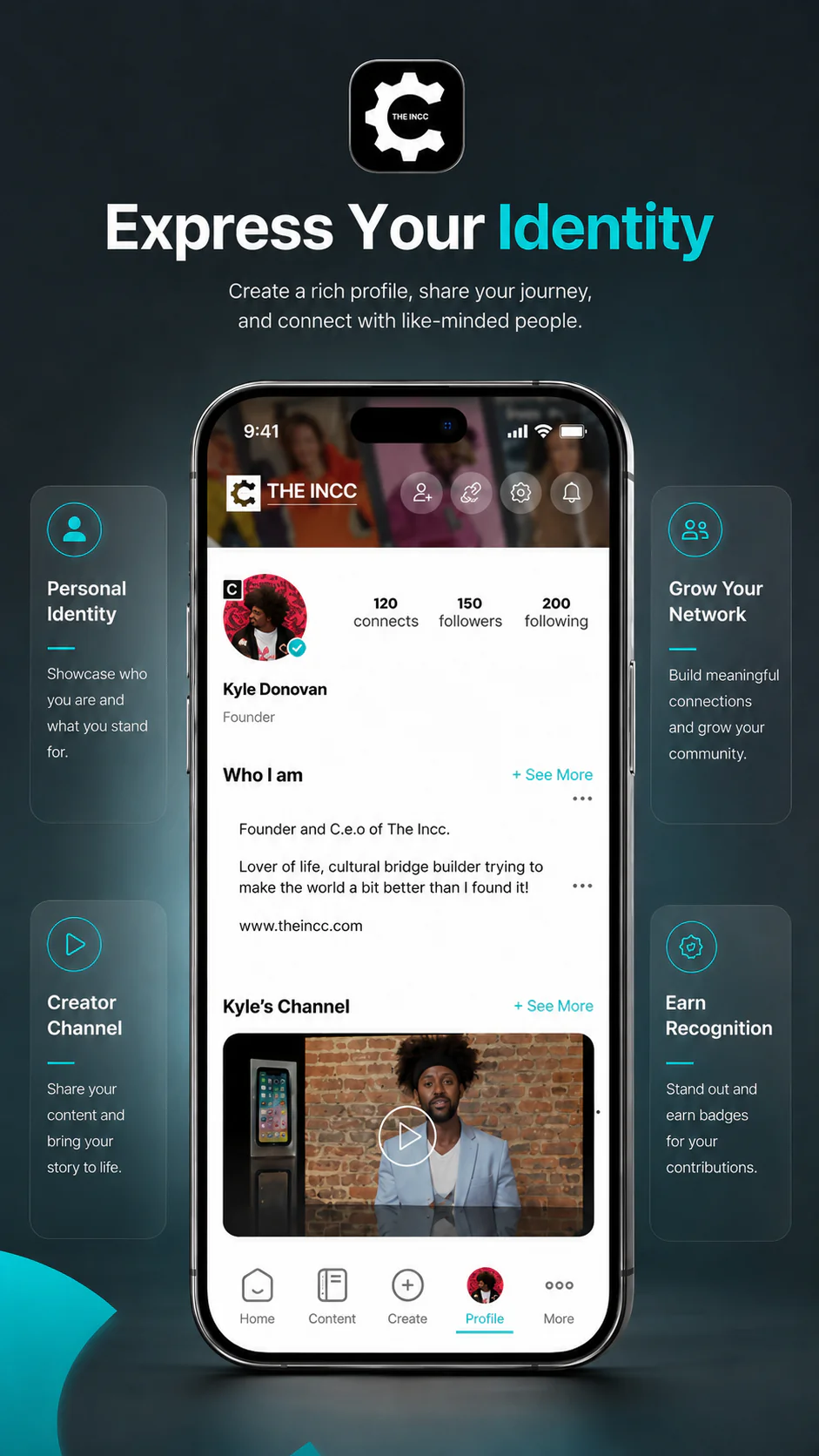 The INCC profile screen showing user identity, profile stats, personal bio, and creator channel content.