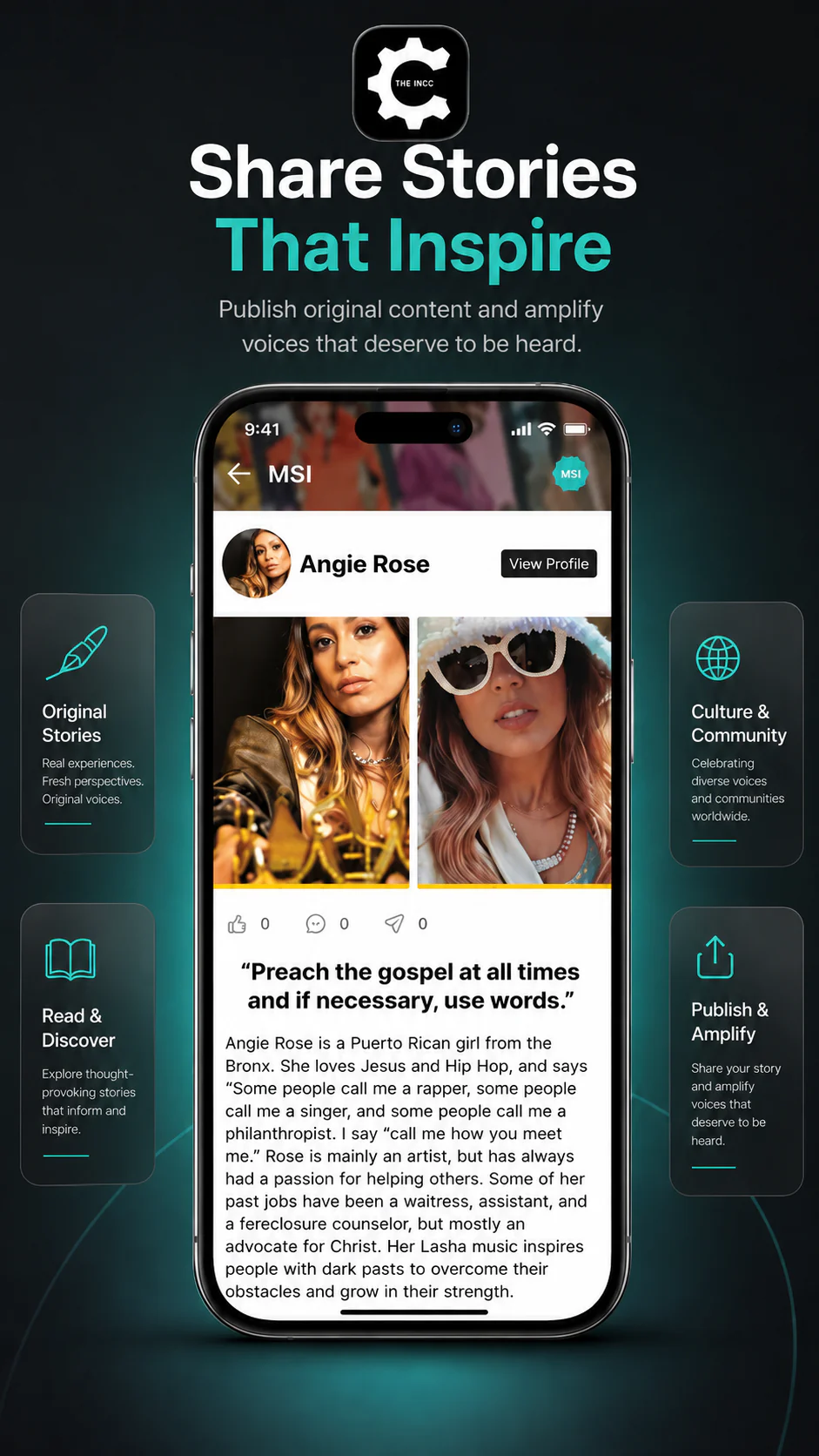 The INCC article screen showing original storytelling, editorial content, and community-focused publishing.