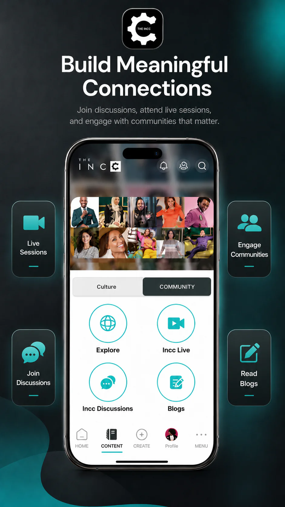 The INCC community screen showing live sessions, discussions, blogs, and community engagement options.