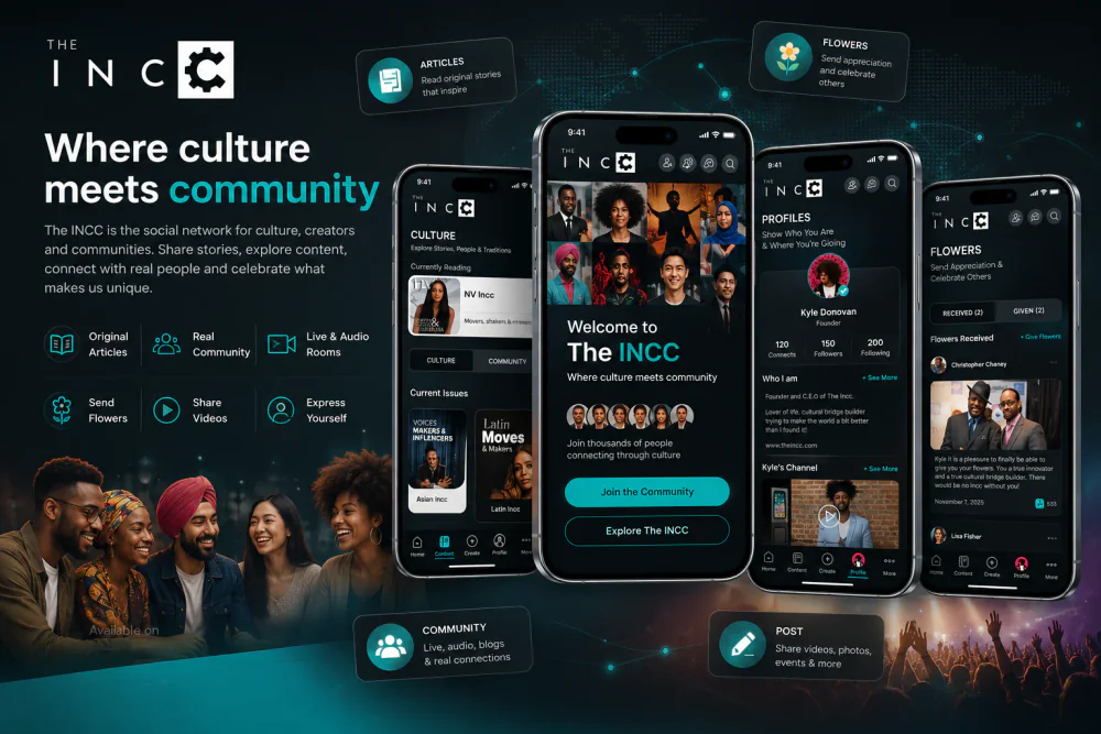 The INCC culture and community platform hero showing mobile screens for profiles, storytelling, community engagement, and Flowers appreciation features